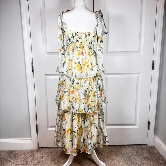 Lulus Yellow Floral Tiered Maxi Dress M Cottagecore Sweetheart Chiffon NWT - Picture 4 of 11